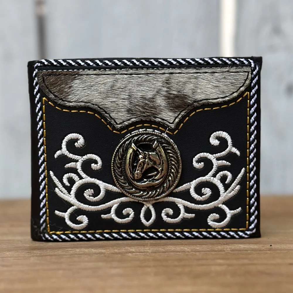 Cartera Vaquera Negra de Caballo con Pelo de Res y Bordado