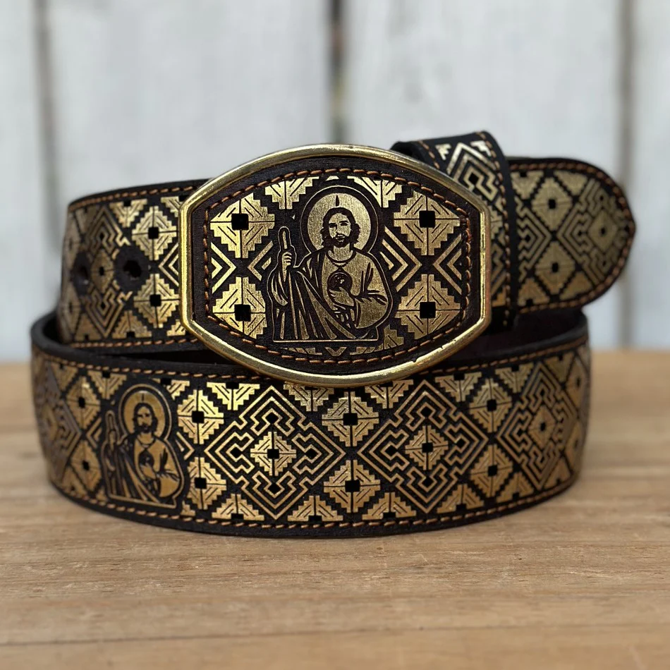 Cinturón Cortado a Láser «San Judas» 2 Dorado – Cinturones Vaqueros para Hombre