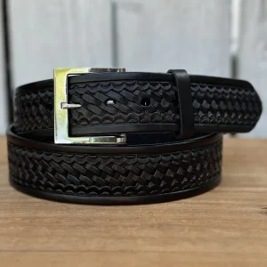 Cinturón de Piel Aceitada Tejido Negro para Hombre