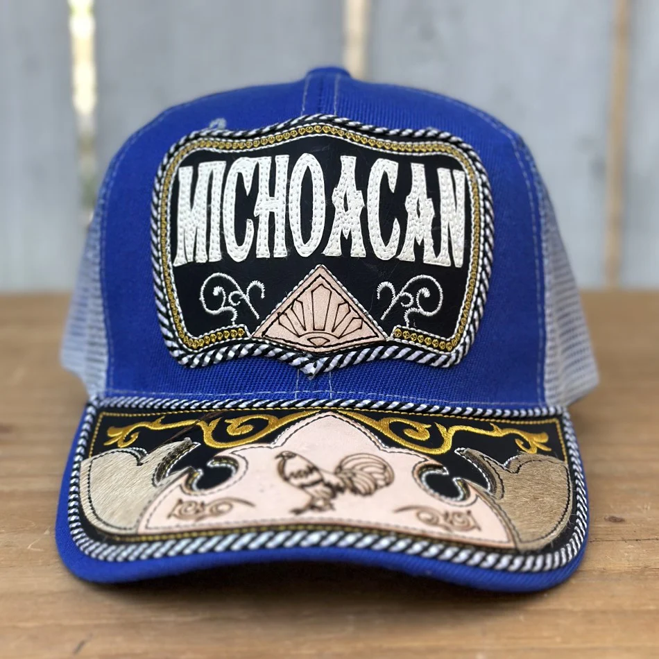 Gorra de Michoacan Azul con Gallo – Gorras Mexicanas Artesanales